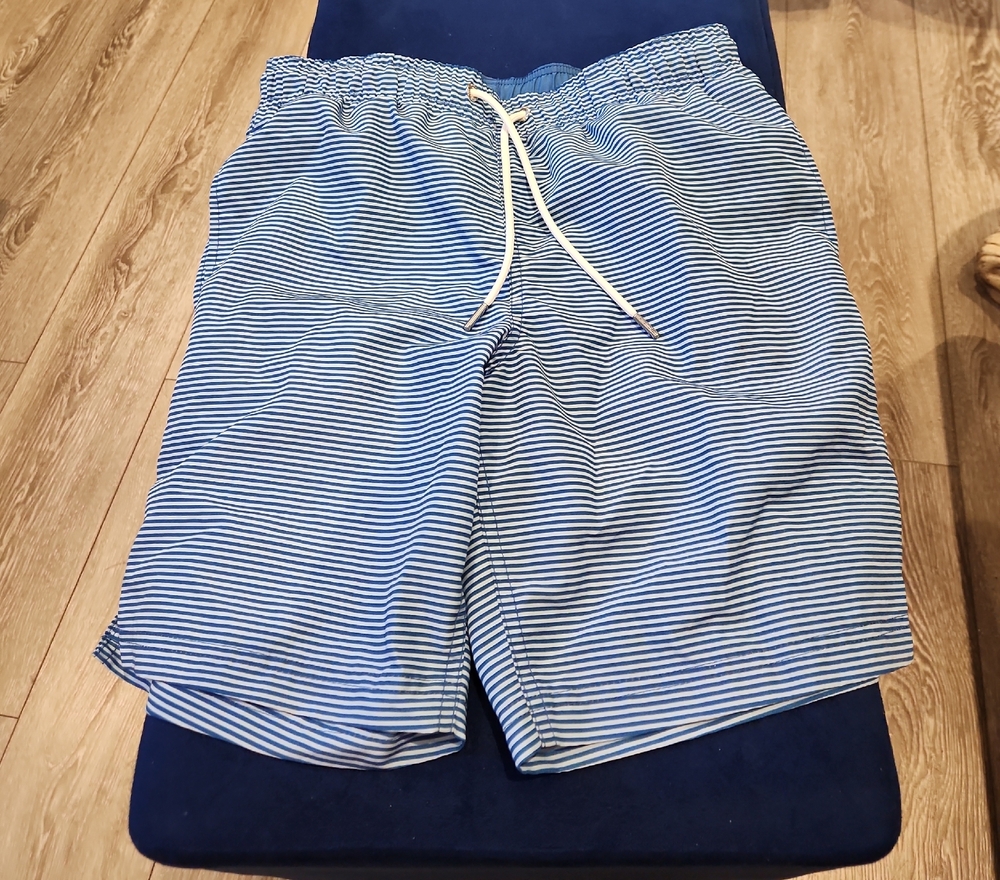 Lands' End Blue and White Striped Swim Trunks with Drawstring